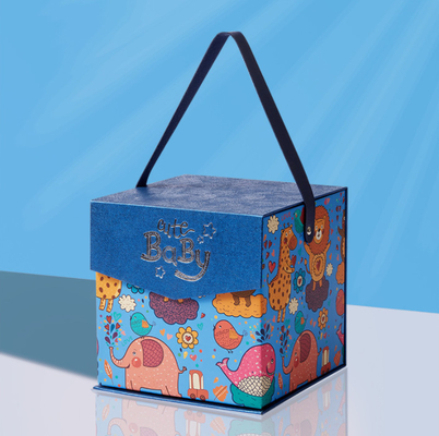 Cartoon flip gift box with artificial leather handle baby shower birthday gift packaging boxes