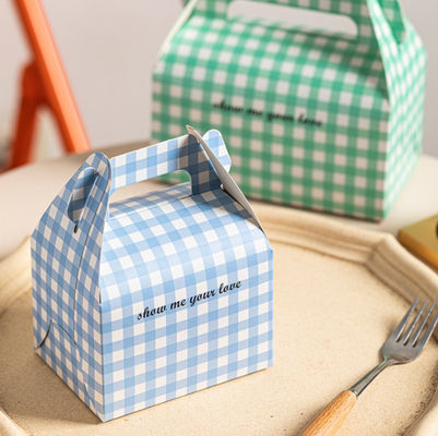 Custom Printed Cardboard Paper Cake Box With Handle Check Pattern Cake Pastry