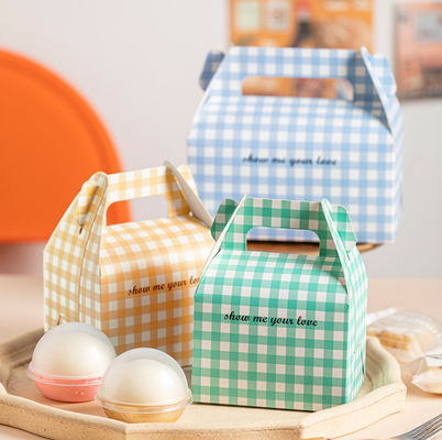 Custom Printed Cardboard Paper Cake Box With Handle Check Pattern Cake Pastry