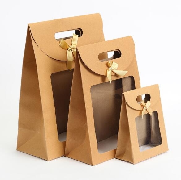 Bow - Knot Die Cut Handle Kraft Packaging Bags With Opening Window Brown Stand Up Pouch